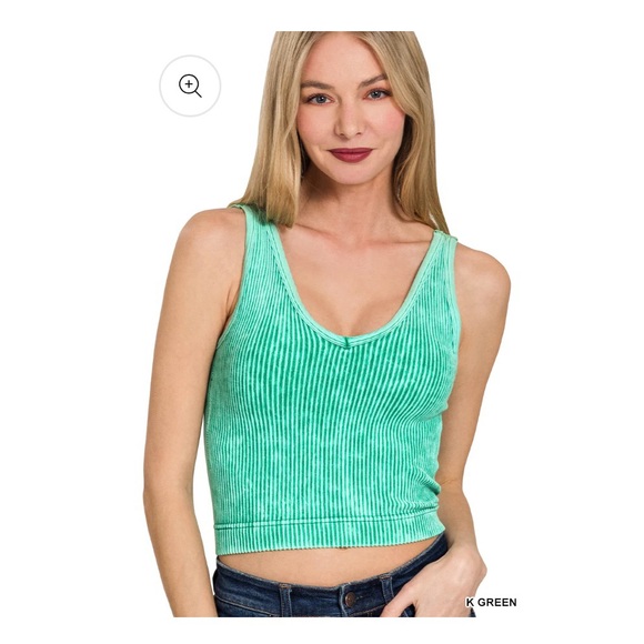 ZENANA• MineralWashed Ribbed Seamless Bra Padded V-Neck Tank Top•Kelly Green - Picture 1 of 4